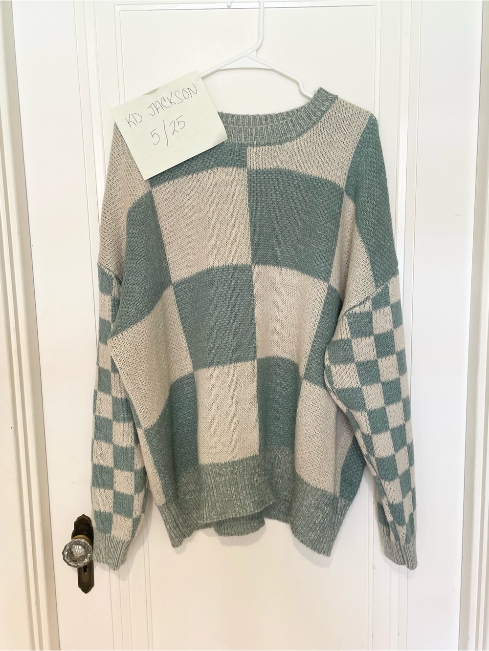 Pink Lily Sage Green and Cream Checkered Crewneck Sweater